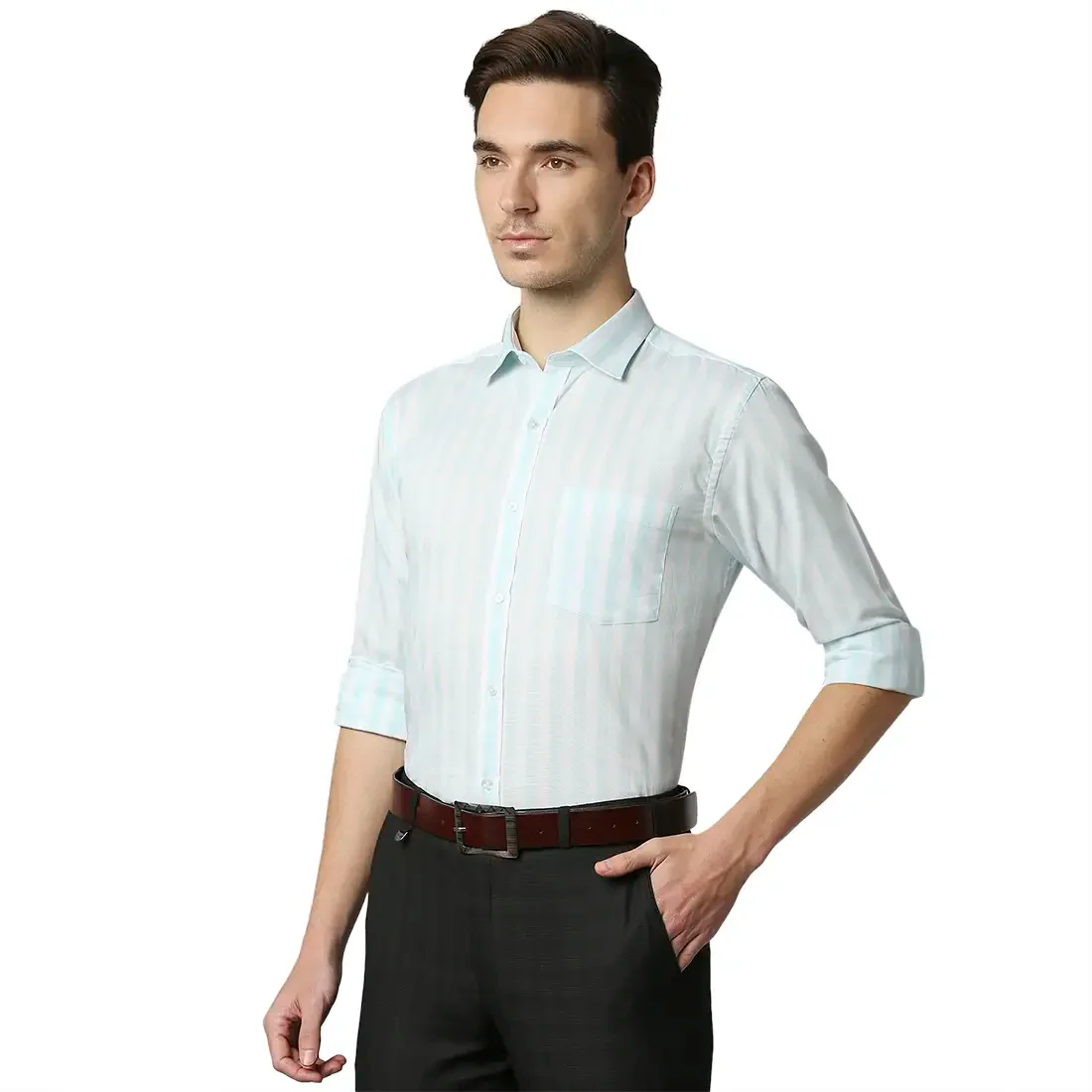 Men Petrol Slim Fit Stripe Cotton Shirts - Image 3