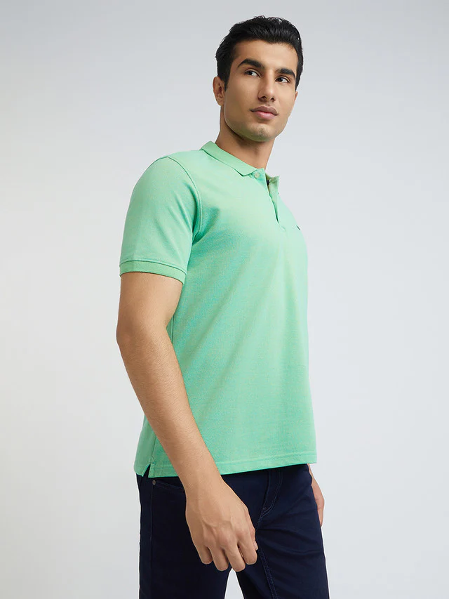Men Petrol Slim Fit Two Tone Cotton Polyester Blend Round Neck Collar Polo T-Shirt - Image 2
