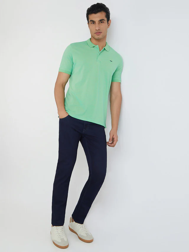 Men Petrol Slim Fit Two Tone Cotton Polyester Blend Round Neck Collar Polo T-Shirt - Image 5