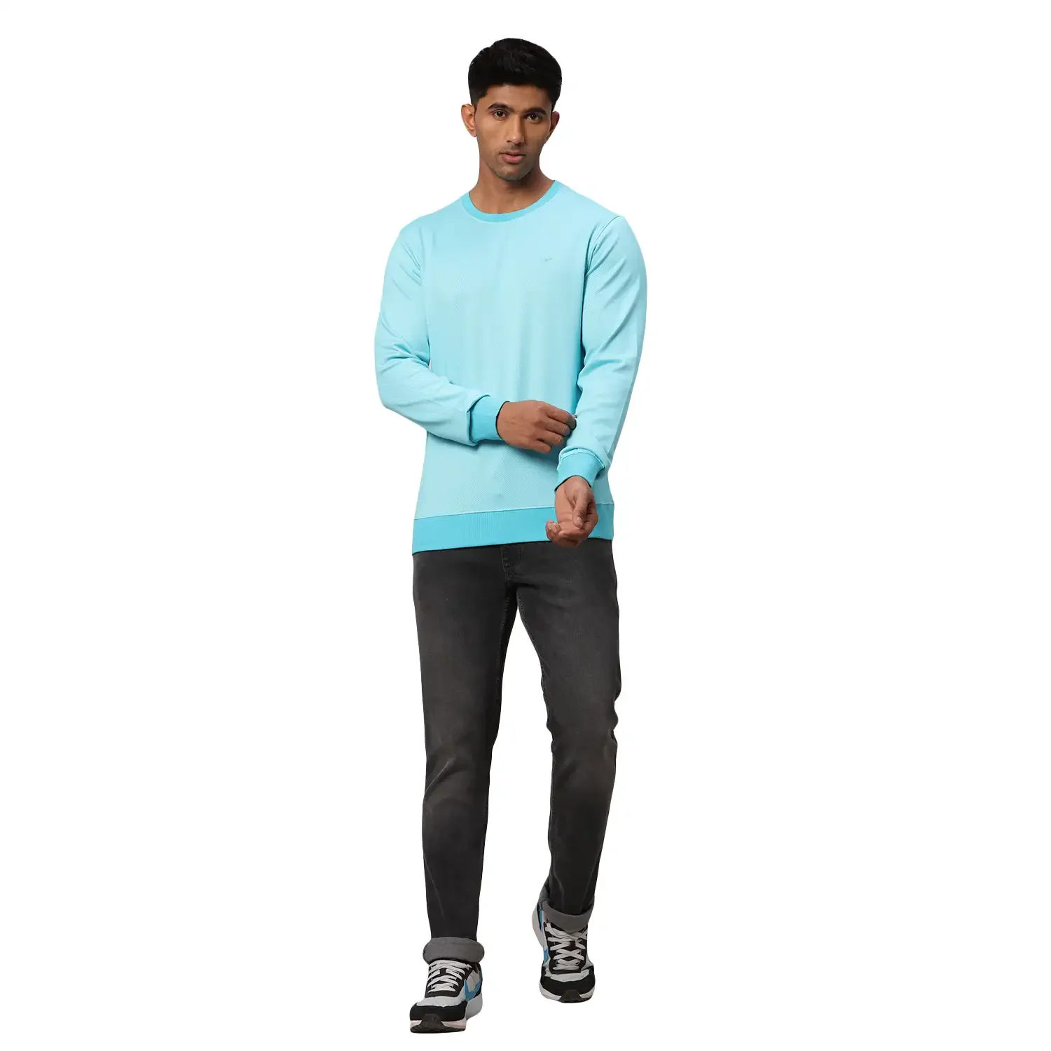 Men Petrol Slim Fit Two Tone Polyester Blend Round Collar Sweatshirts - Image 5