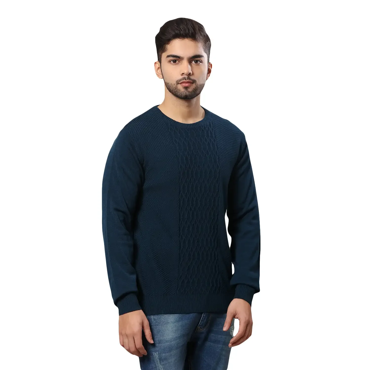 Men Petrol Structure Cable Acrylic Wool Blend Round Collar Sweaters - Image 2