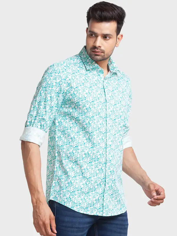 Men Petrol Tailored Fit Print Cotton Full Sleeve Shirts - Image 2