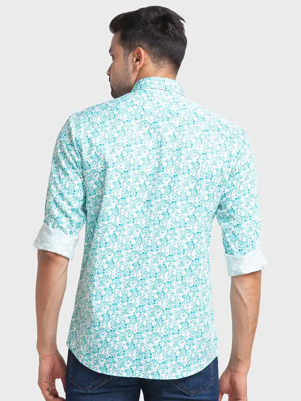 Men Petrol Tailored Fit Print Cotton Full Sleeve Shirts - Image 4