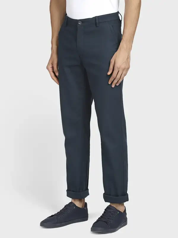 Men Petrol Tailored Fit Solid Piece Dyed Cotton Blend Trouser - Image 3