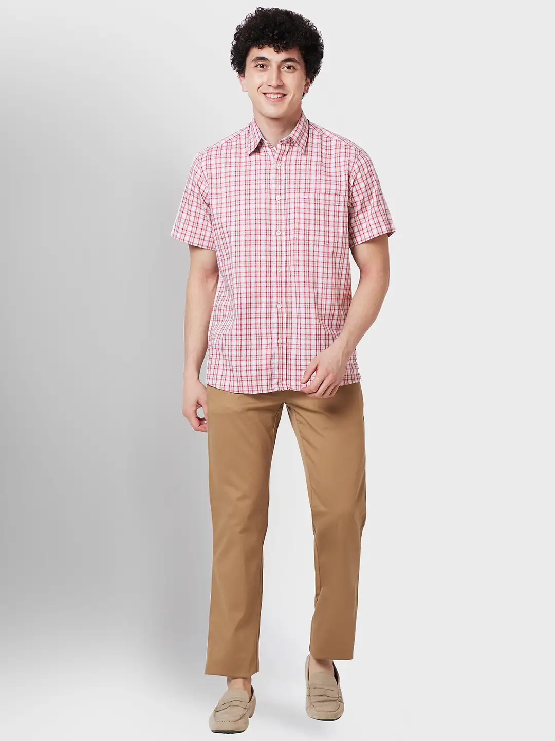 Men Red Classic Fit Checks Cotton Half Sleeve Shirts - Image 5
