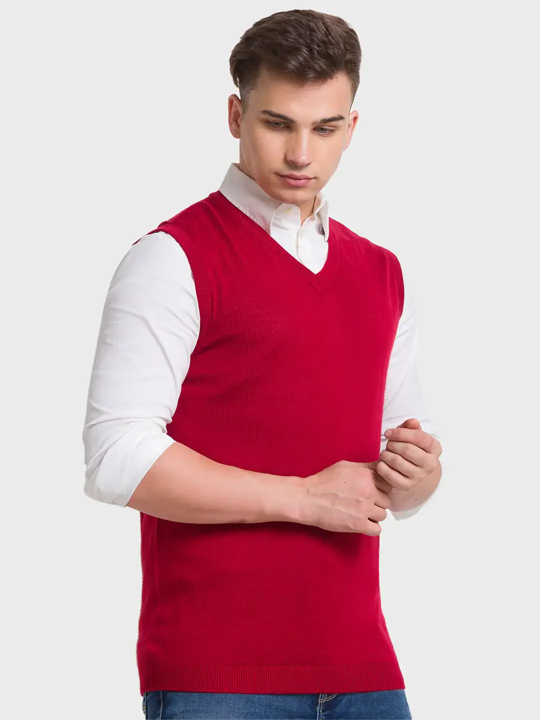 Men Red Classic Fit Solid Merino Wool Acrylic Blend Sleeveless V Neck Collar Sweaters - Image 2