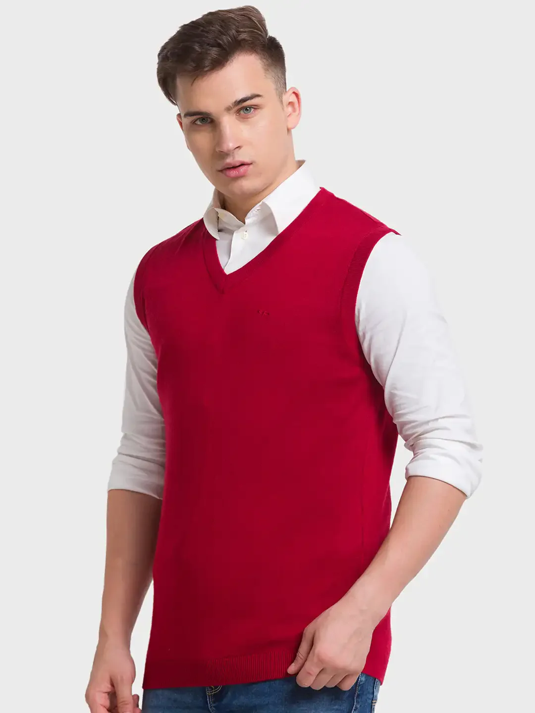 Men Red Classic Fit Solid Merino Wool Acrylic Blend Sleeveless V Neck Collar Sweaters - Image 3