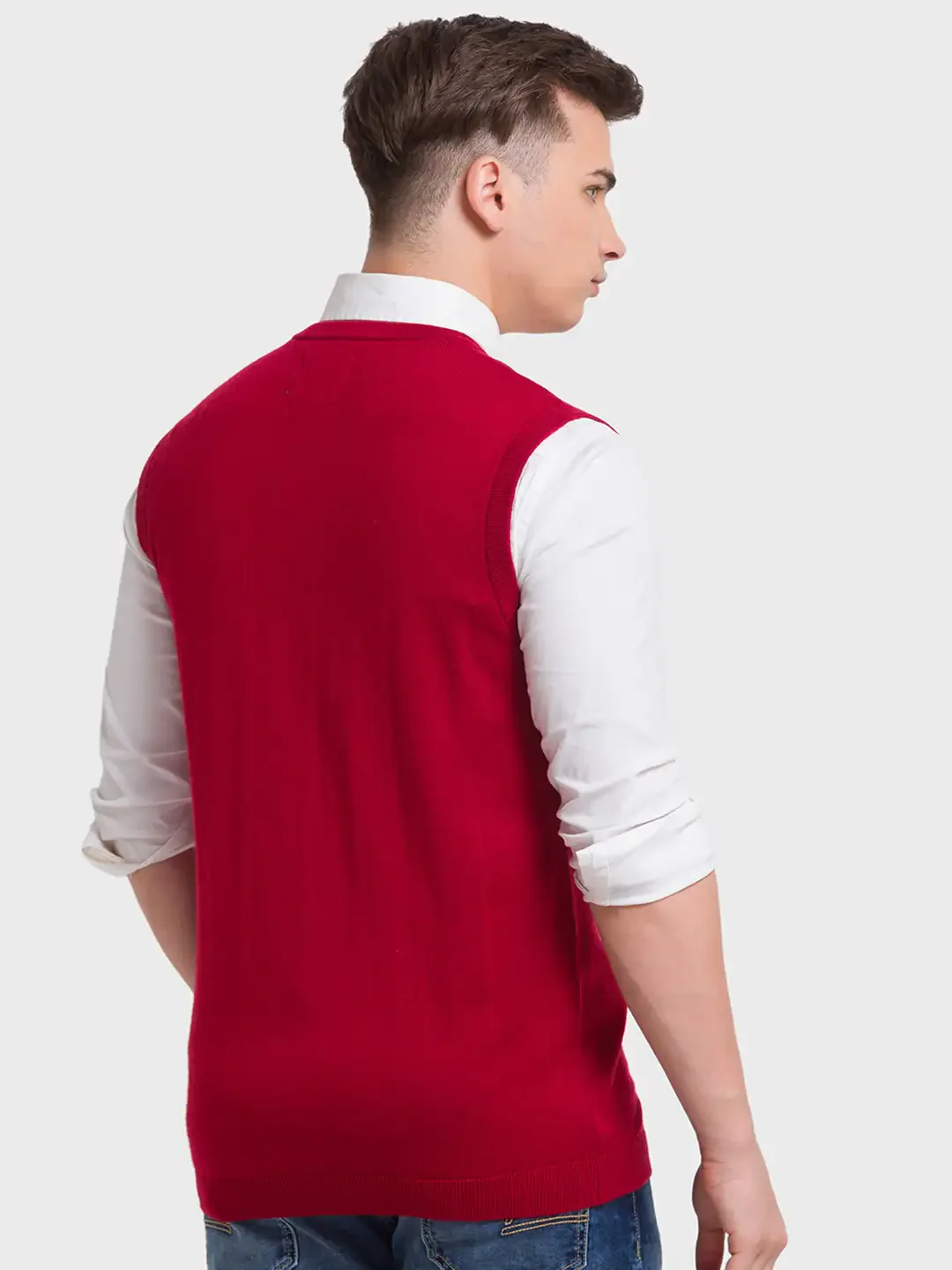 Men Red Classic Fit Solid Merino Wool Acrylic Blend Sleeveless V Neck Collar Sweaters - Image 4