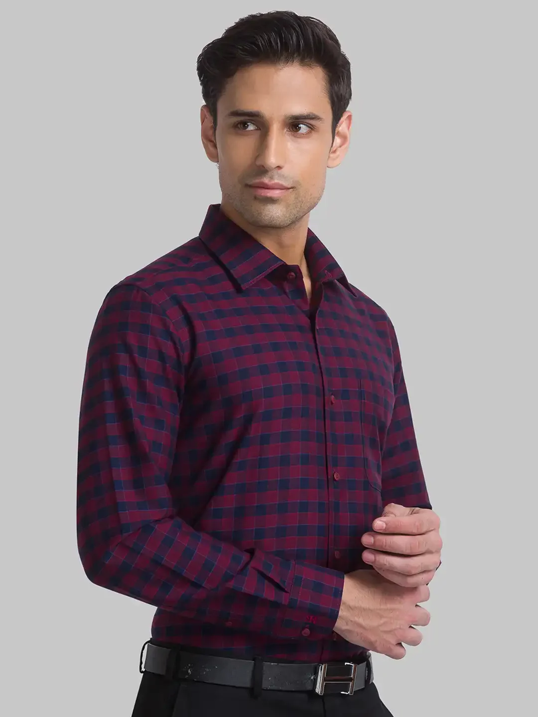 Men Red Contemporary Fit Checks Cotton Blend Cut Collar Shirts - Image 2