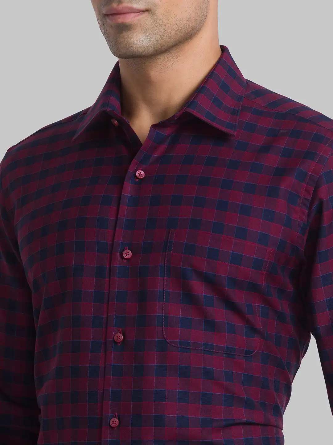 Men Red Contemporary Fit Checks Cotton Blend Cut Collar Shirts - Image 6