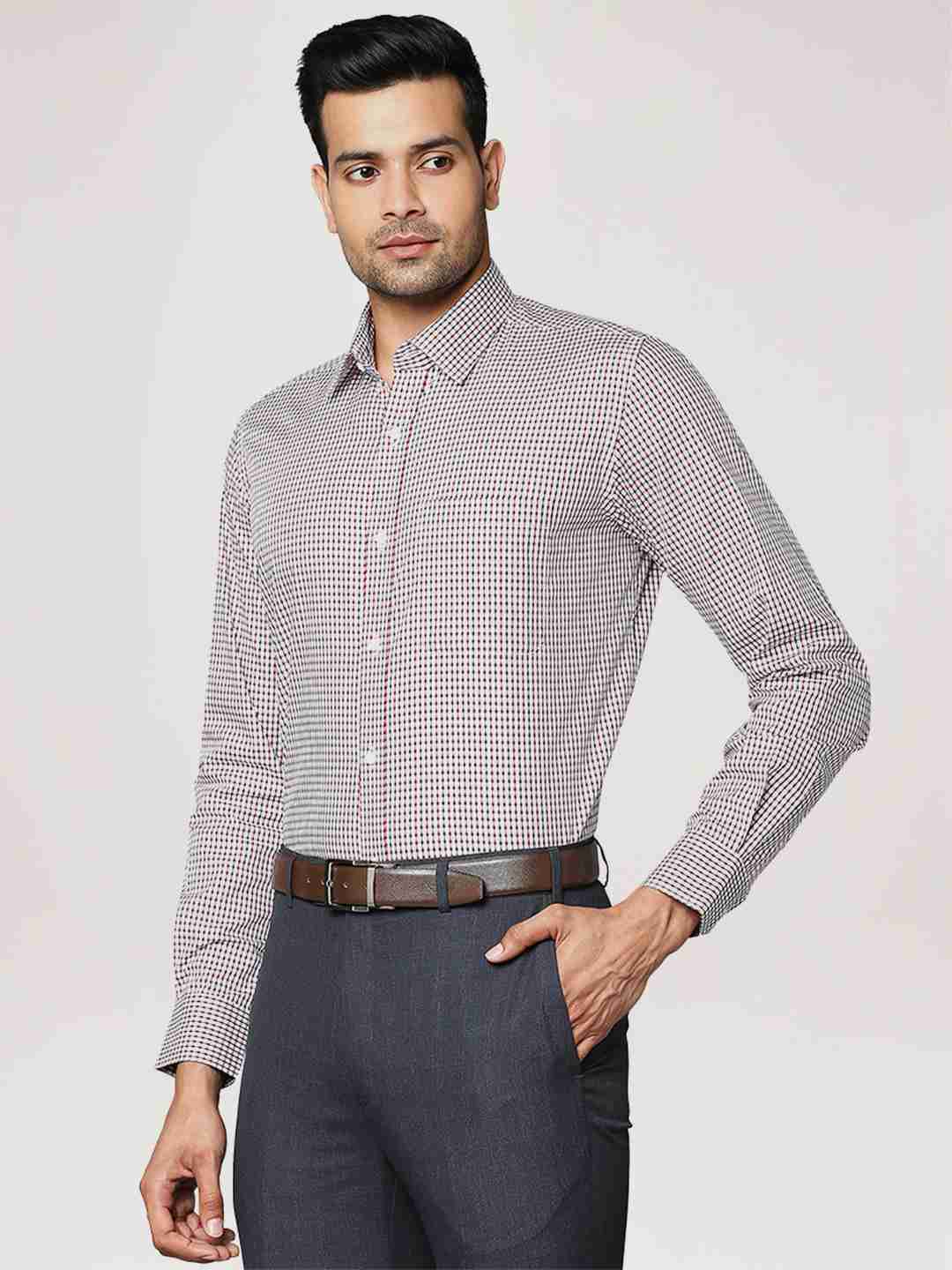 Men Red Contemporary Fit Checks Cotton Cut Collar Shirts - Image 4