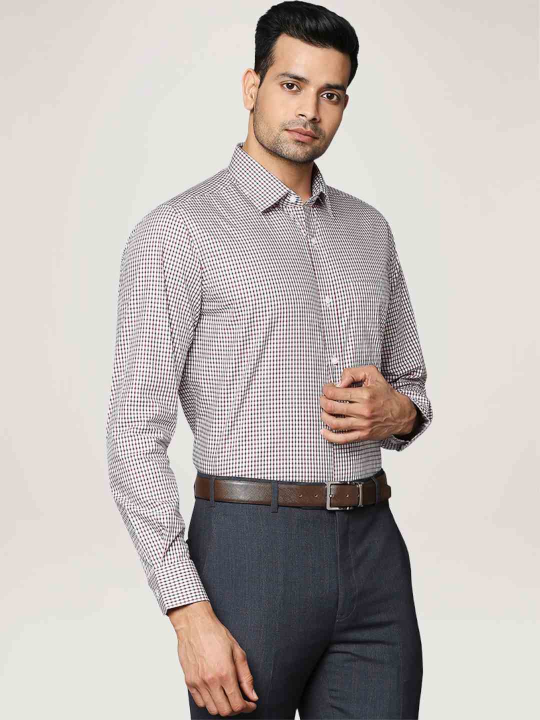 Men Red Contemporary Fit Checks Cotton Cut Collar Shirts - Image 5