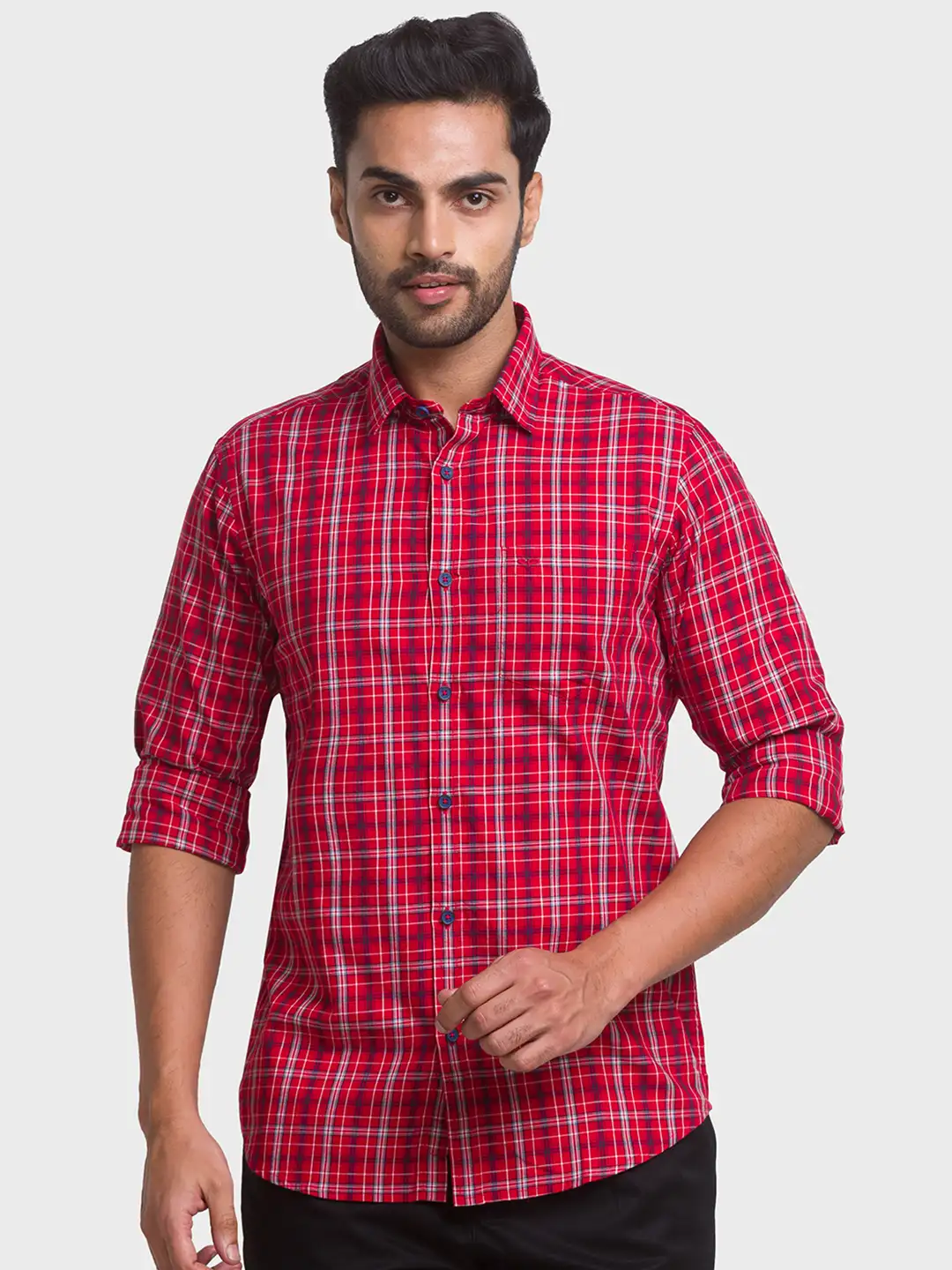 Men Red Contemporary Fit Checks Cotton Full Sleeve Shirts