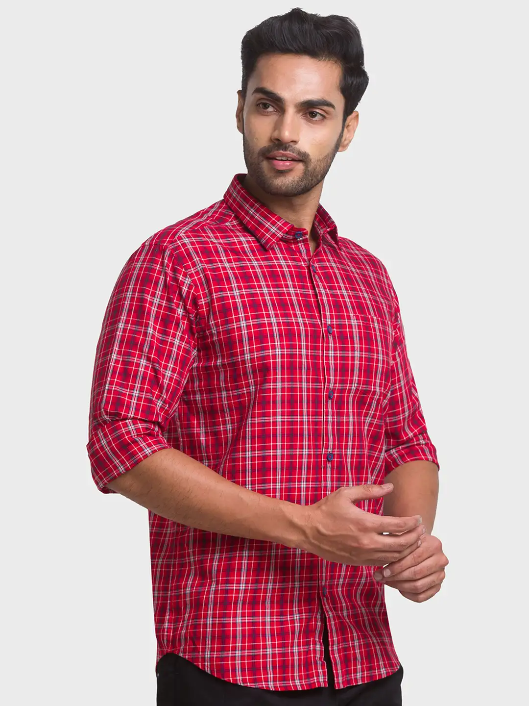 Men Red Contemporary Fit Checks Cotton Full Sleeve Shirts - Image 2