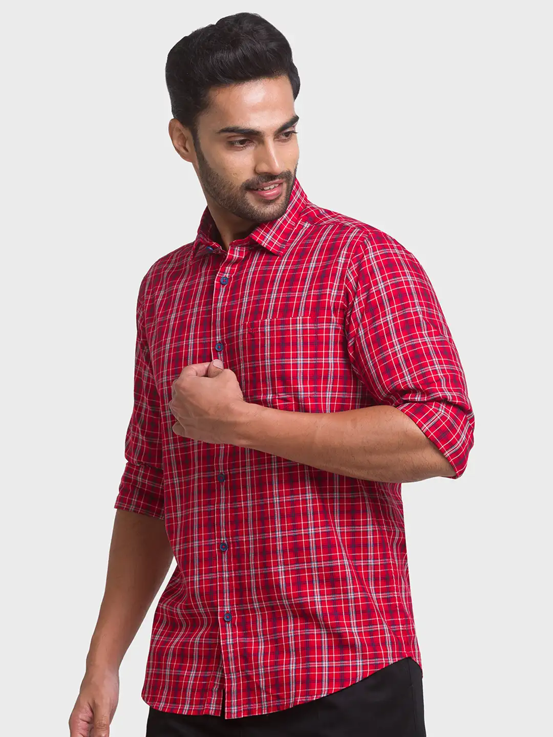 Men Red Contemporary Fit Checks Cotton Full Sleeve Shirts - Image 3
