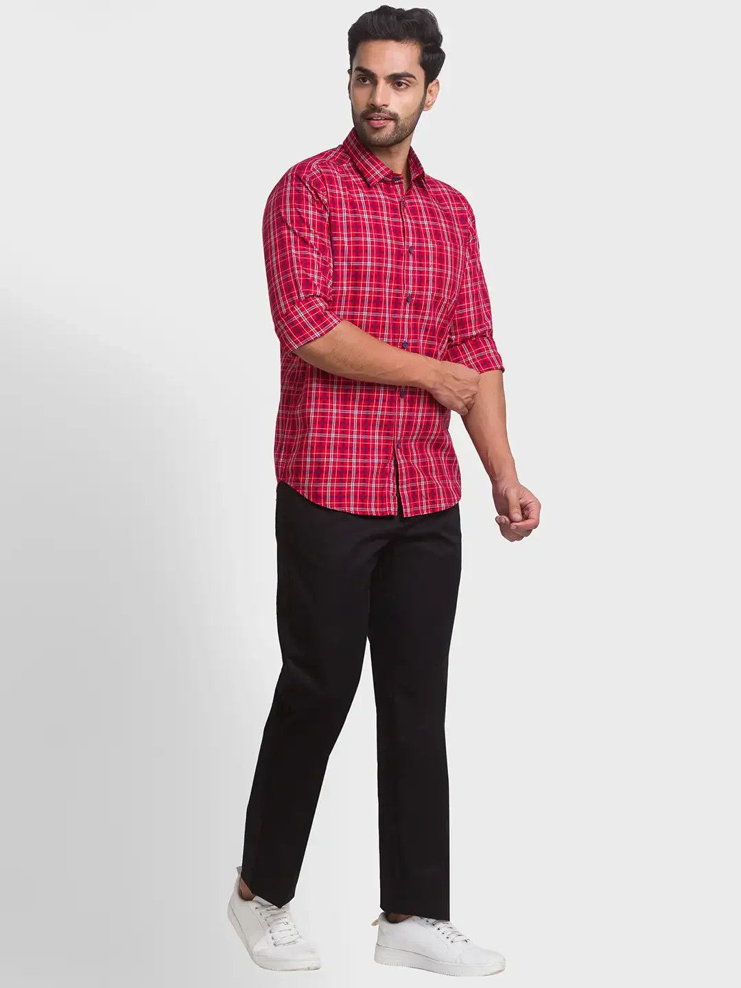 Men Red Contemporary Fit Checks Cotton Full Sleeve Shirts - Image 5