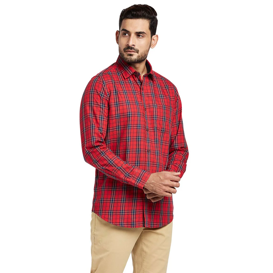 Men Red Contemporary Fit Checks Cotton Full Sleeve Shirts - Image 2