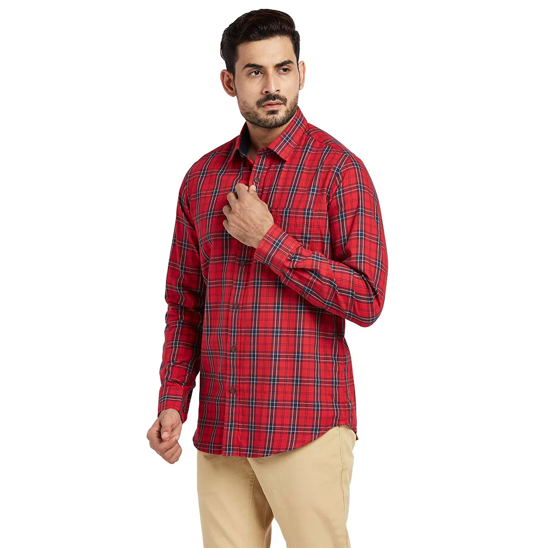 Men Red Contemporary Fit Checks Cotton Full Sleeve Shirts - Image 3