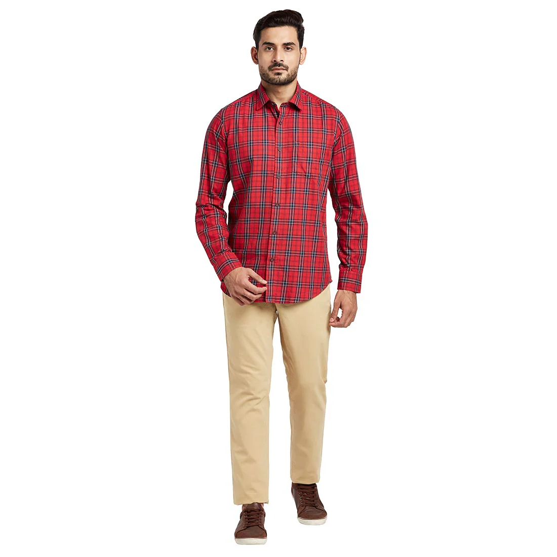 Men Red Contemporary Fit Checks Cotton Full Sleeve Shirts - Image 5