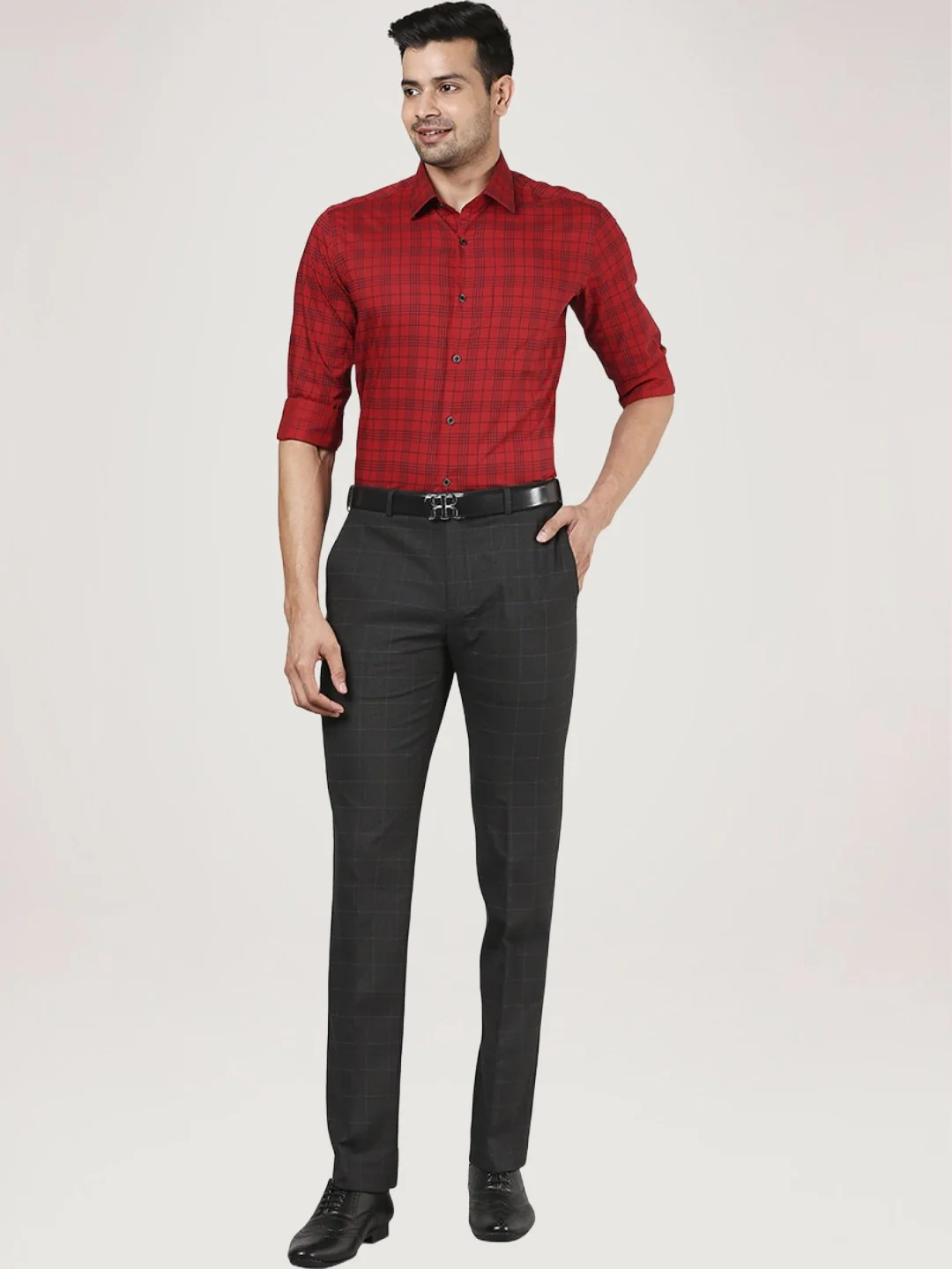 Men Red Contemporary Fit Checks Cotton Full Sleeve Shirts - Image 2