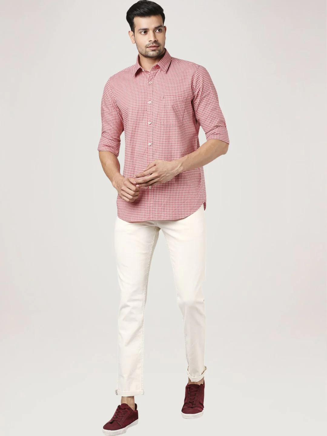 Men Red Contemporary Fit Checks Cotton Shirts - Image 2