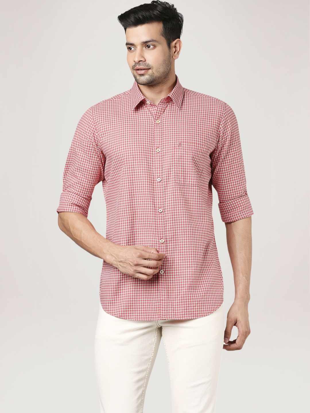 Men Red Contemporary Fit Checks Cotton Shirts - Image 4