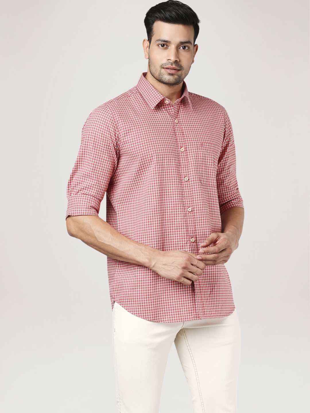 Men Red Contemporary Fit Checks Cotton Shirts - Image 5
