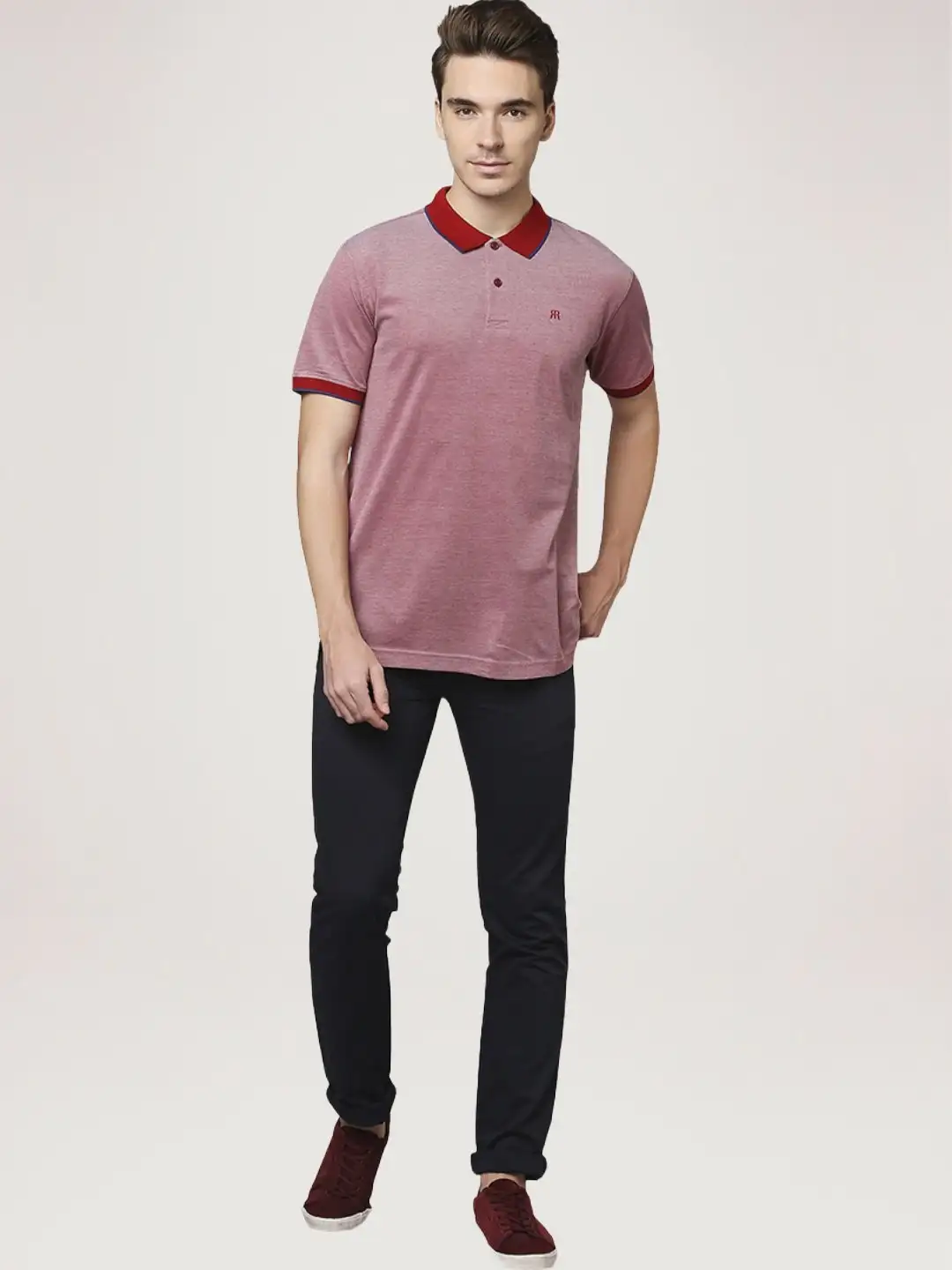 Men Red Contemporary Fit Structure Solid Supima Cotton Polo T-Shirt - Image 3