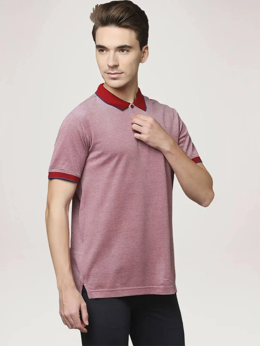 Men Red Contemporary Fit Structure Solid Supima Cotton Polo T-Shirt - Image 4