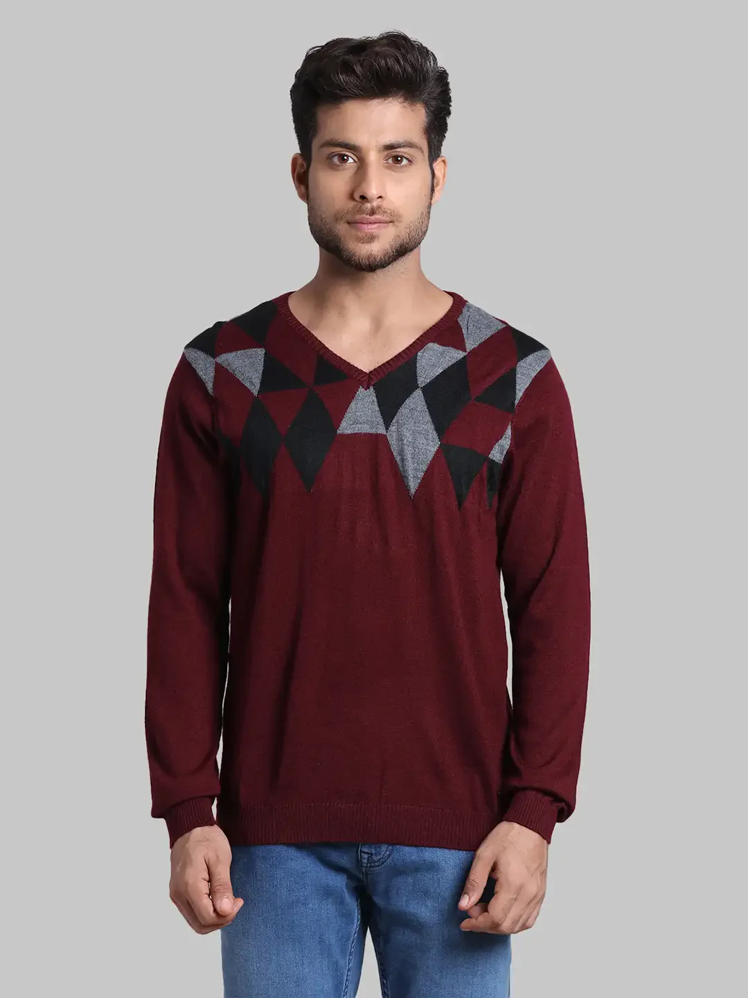 Men Red Regular Fit Argyle Wool Blend Full Sleeve V Neck Collar Sweaters