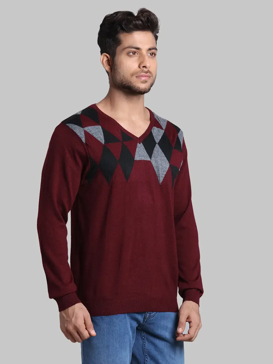 Men Red Regular Fit Argyle Wool Blend Full Sleeve V Neck Collar Sweaters - Image 2