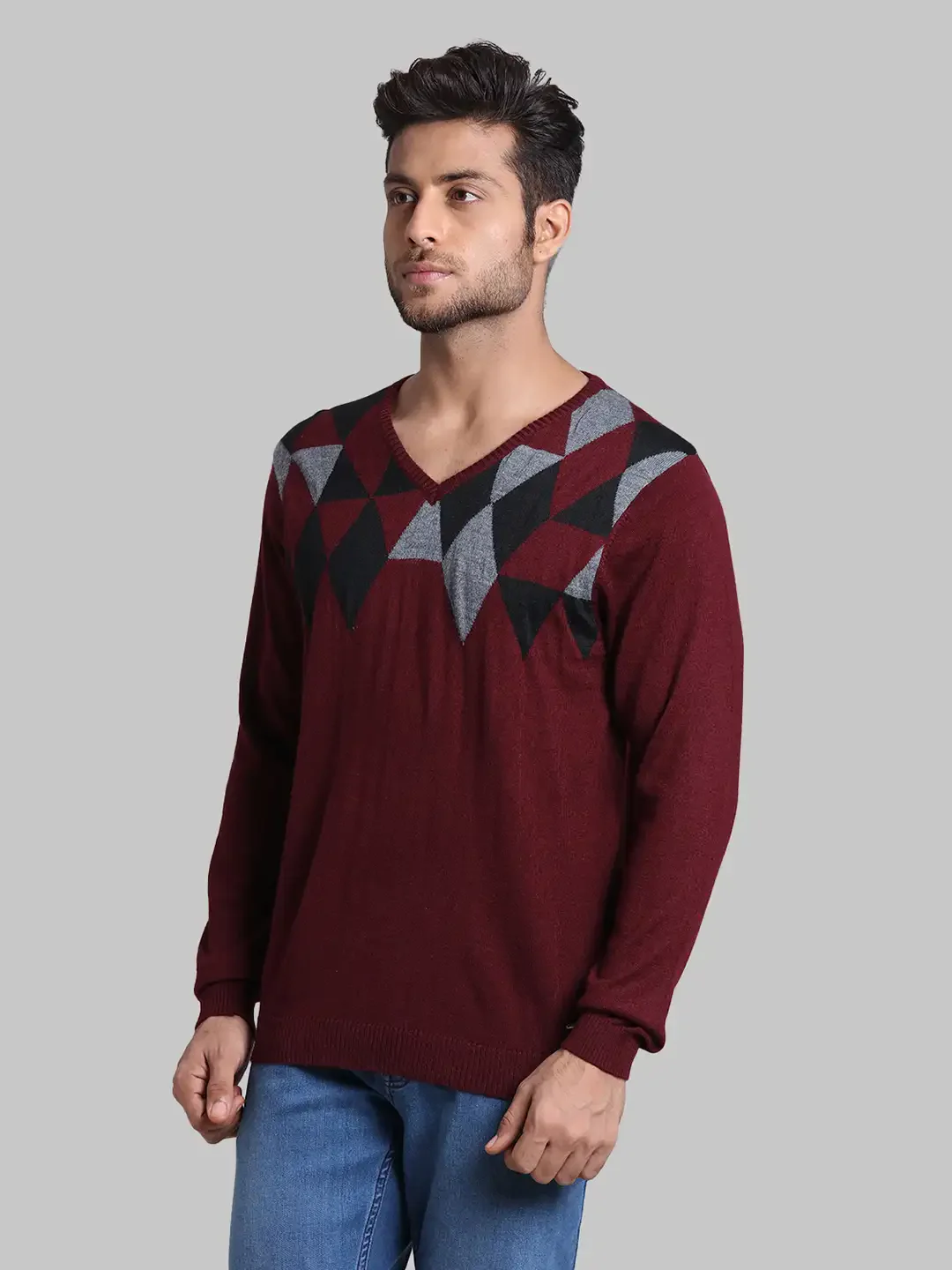 Men Red Regular Fit Argyle Wool Blend Full Sleeve V Neck Collar Sweaters - Image 3