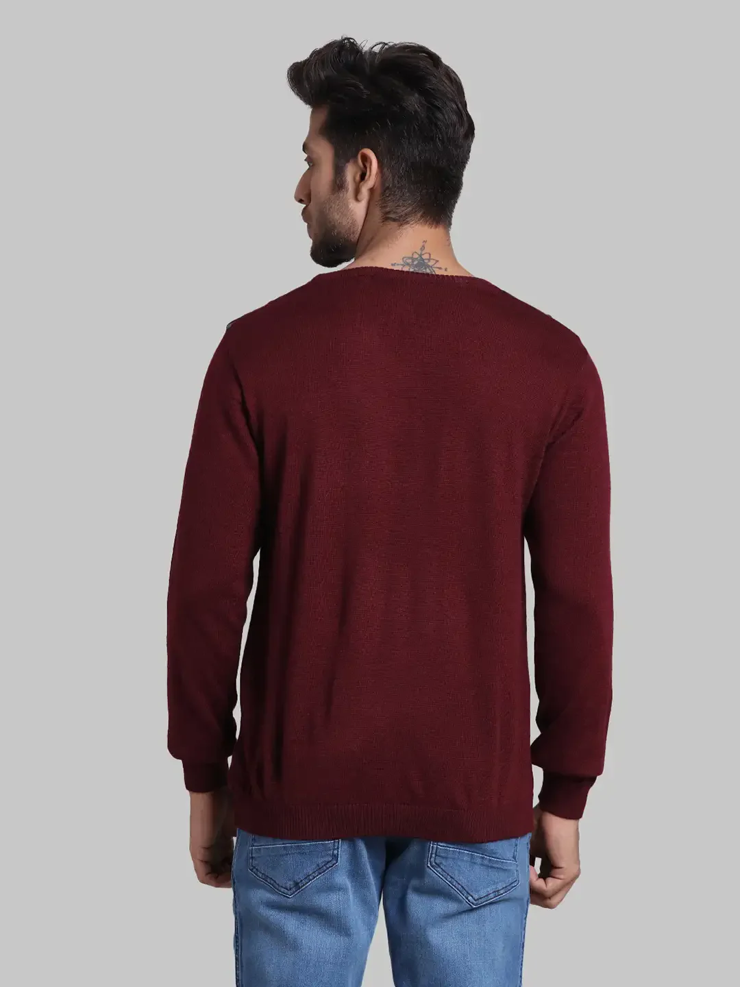 Men Red Regular Fit Argyle Wool Blend Full Sleeve V Neck Collar Sweaters - Image 4