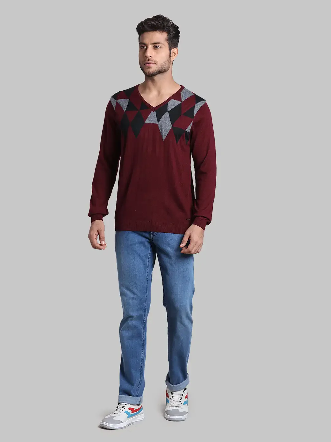 Men Red Regular Fit Argyle Wool Blend Full Sleeve V Neck Collar Sweaters - Image 5