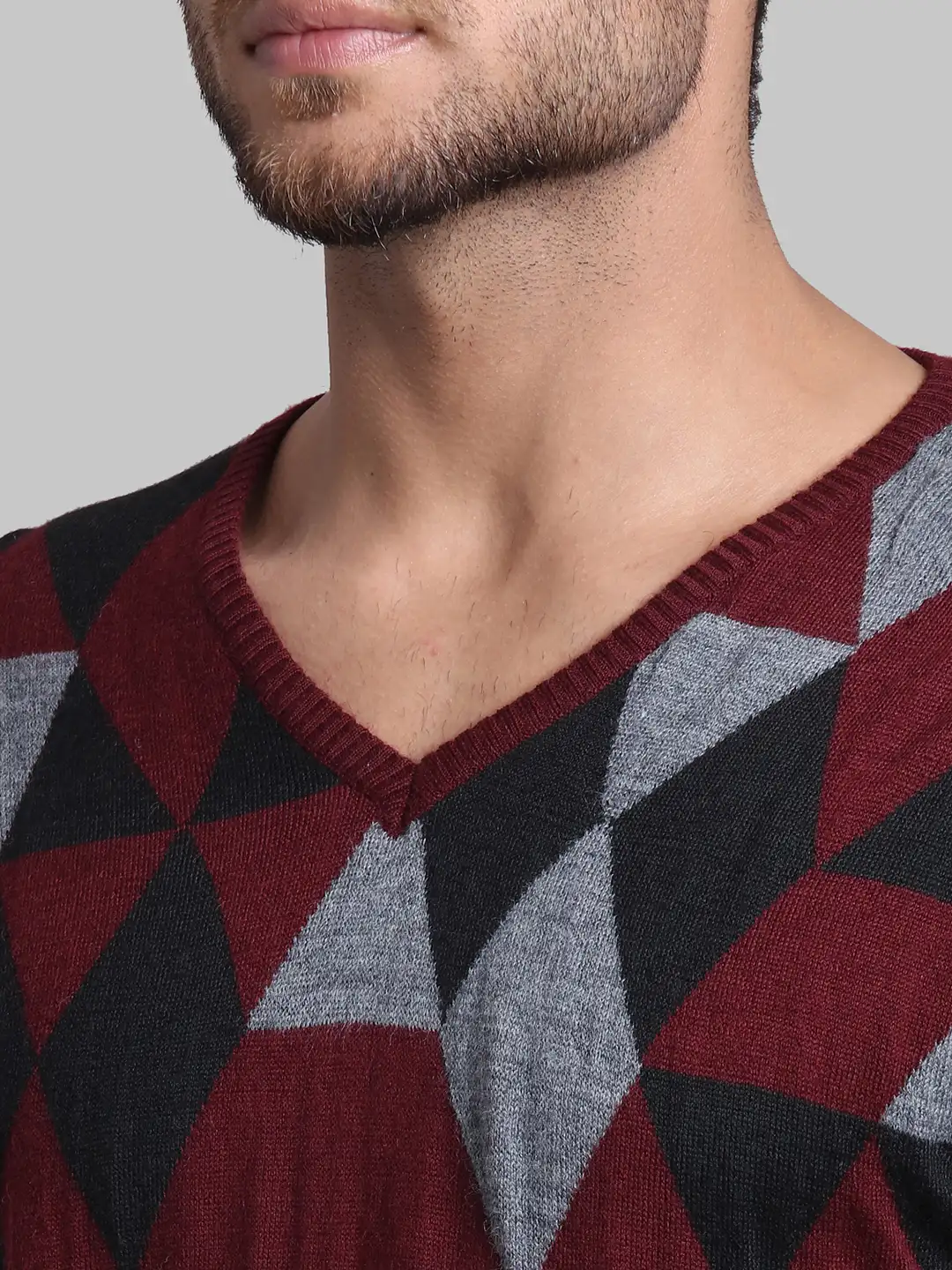Men Red Regular Fit Argyle Wool Blend Full Sleeve V Neck Collar Sweaters - Image 6