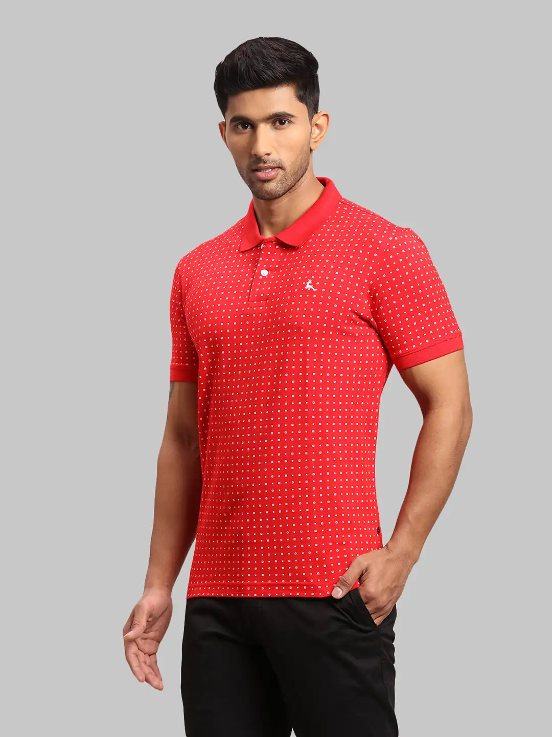 Men Red Regular Fit Print Cotton Round Neck Collar Polo T-Shirt - Image 3