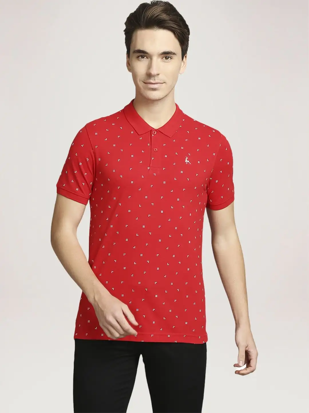 Men Red Regular Fit Print Cotton Round Neck Collar Polo T-Shirt