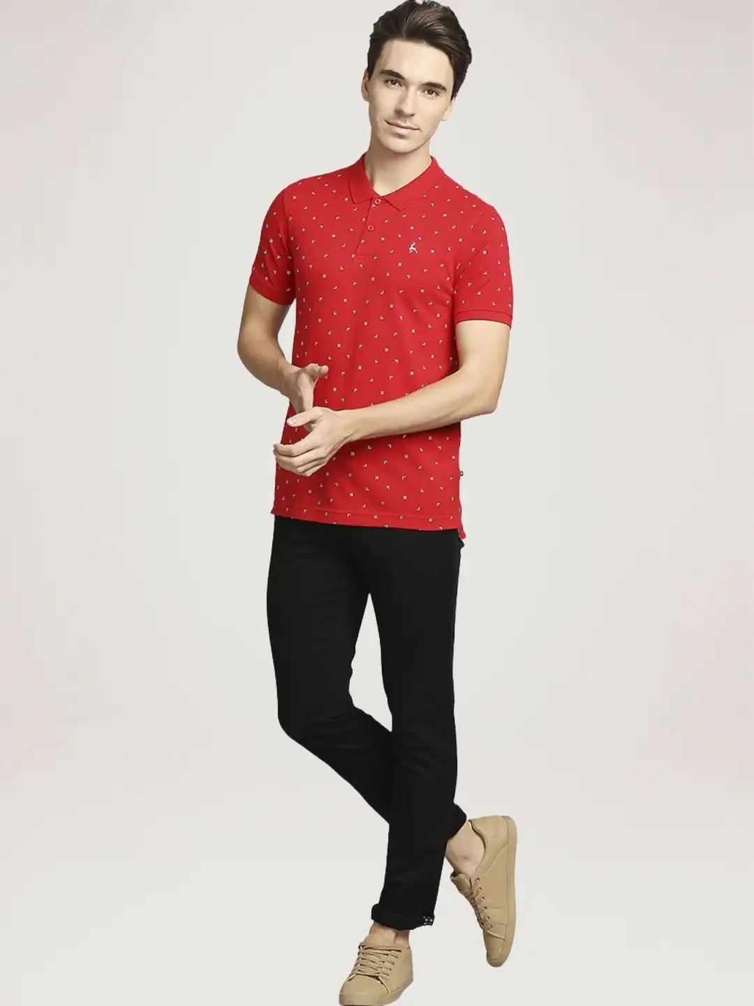 Men Red Regular Fit Print Cotton Round Neck Collar Polo T-Shirt - Image 3