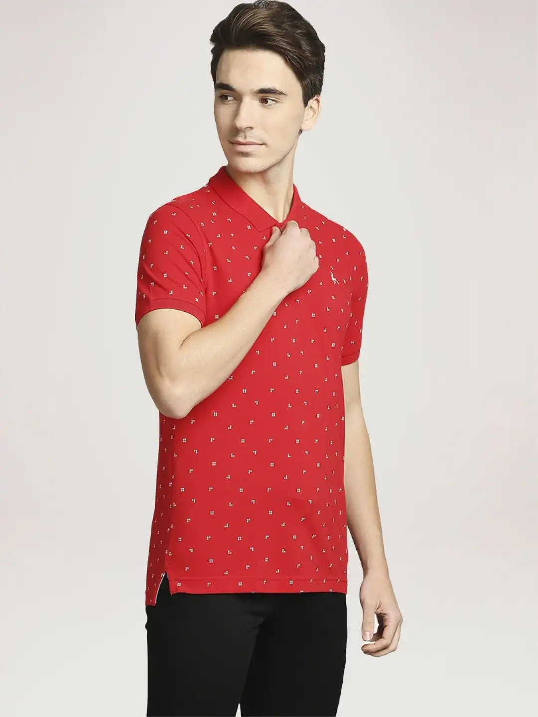 Men Red Regular Fit Print Cotton Round Neck Collar Polo T-Shirt - Image 5