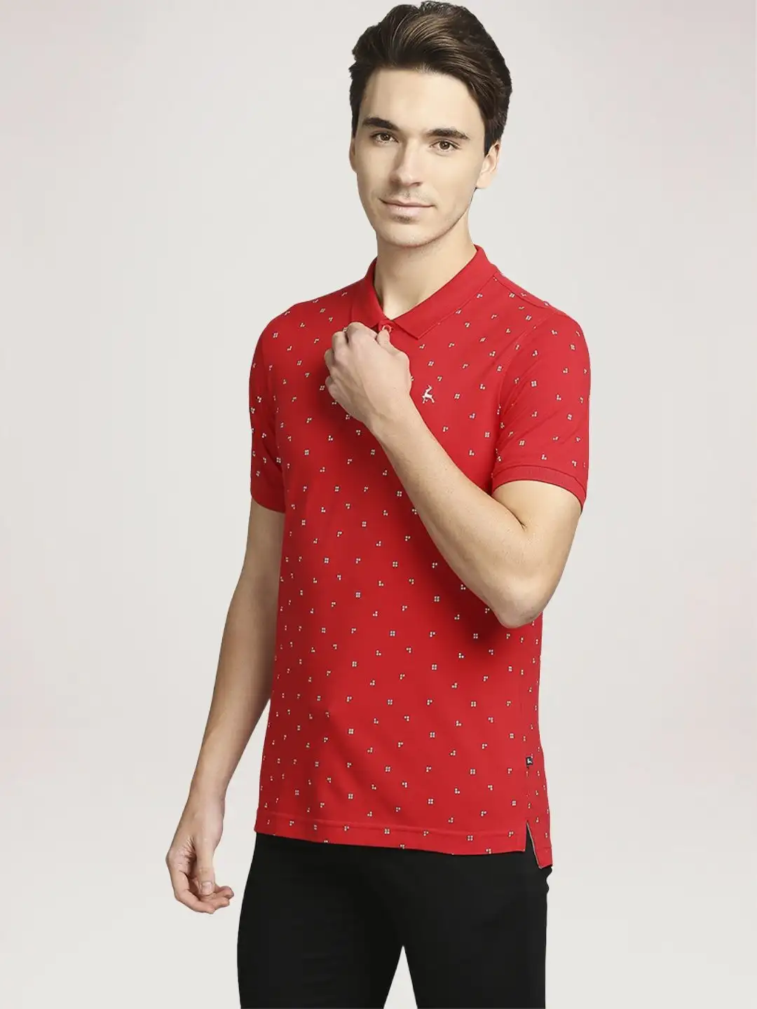 Men Red Regular Fit Print Cotton Round Neck Collar Polo T-Shirt - Image 6