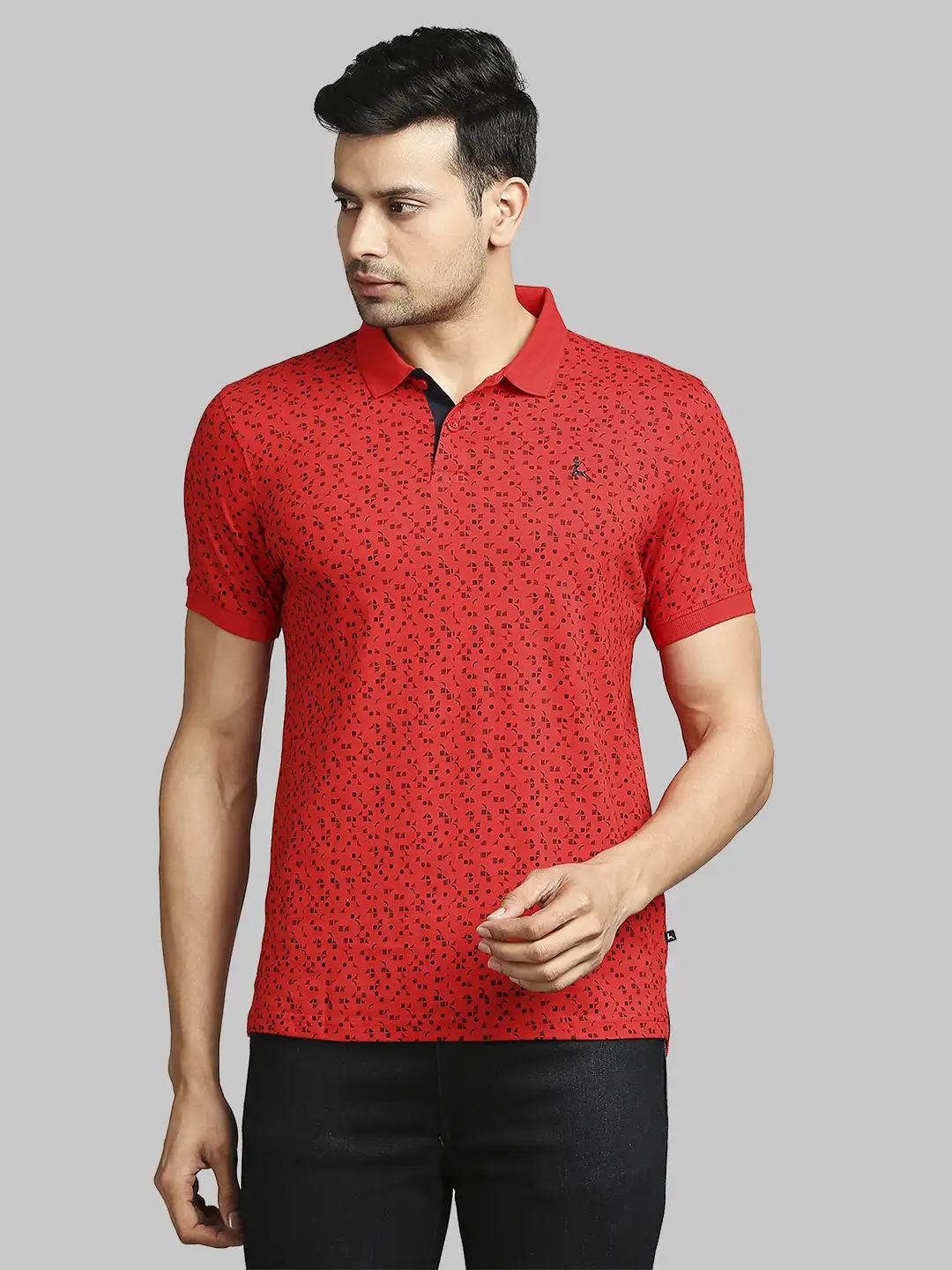 Men Red Regular Fit Print Cotton Round Neck Collar Polo T-Shirt