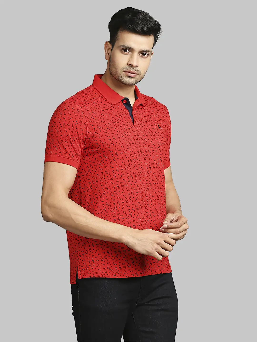 Men Red Regular Fit Print Cotton Round Neck Collar Polo T-Shirt - Image 2