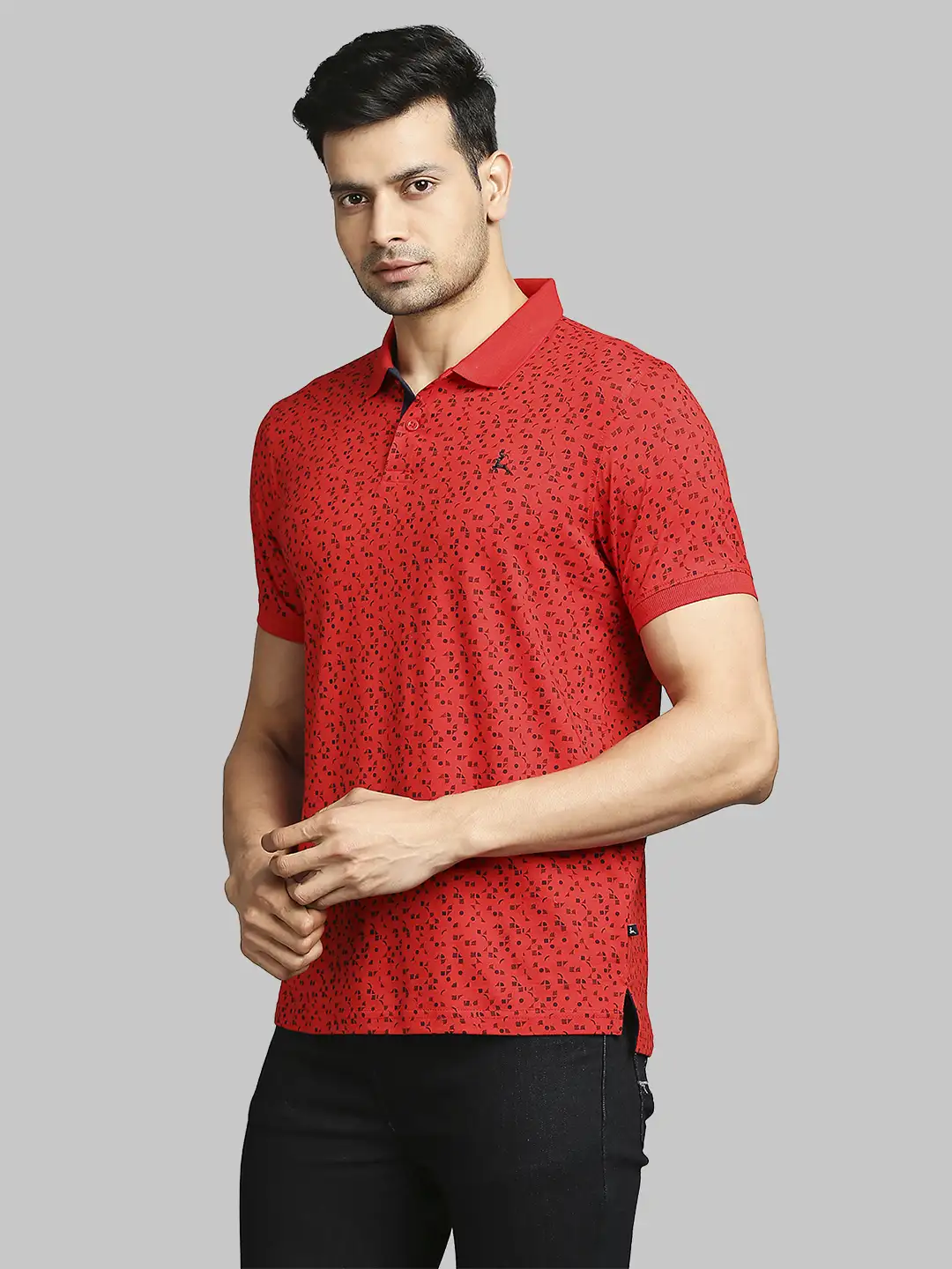 Men Red Regular Fit Print Cotton Round Neck Collar Polo T-Shirt - Image 3
