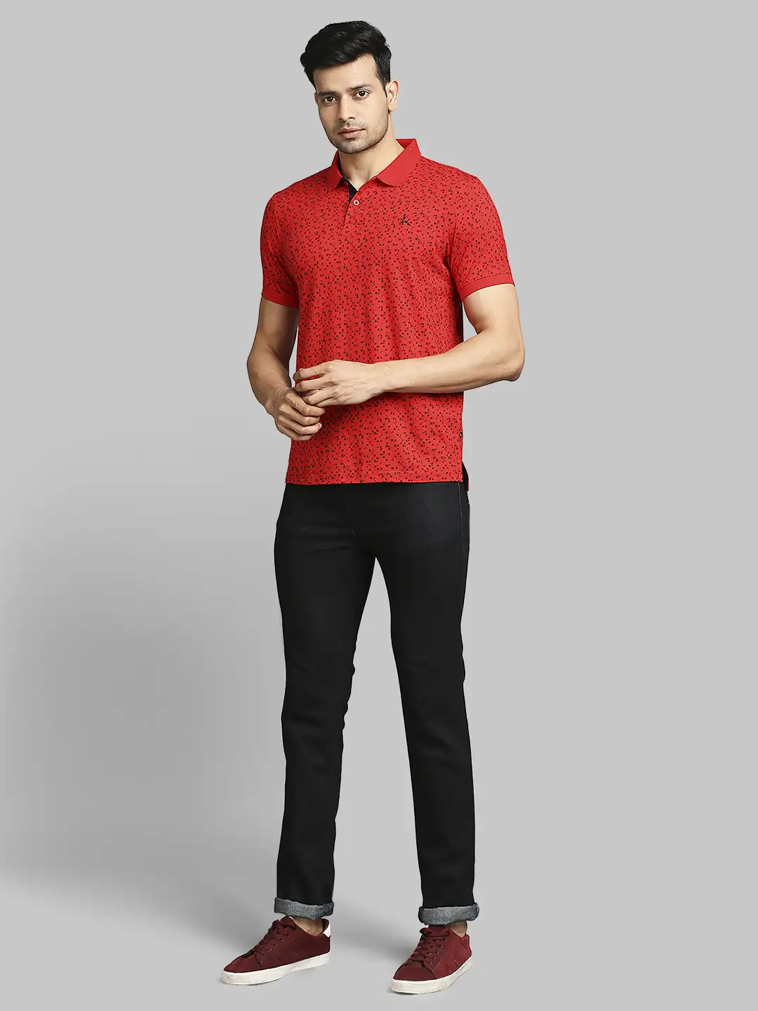 Men Red Regular Fit Print Cotton Round Neck Collar Polo T-Shirt - Image 5