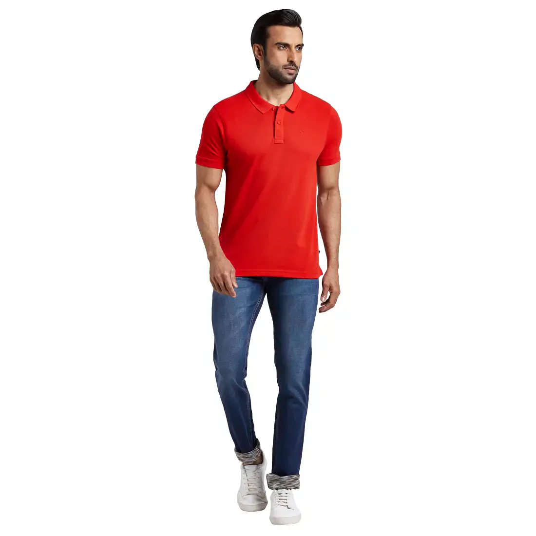 Men Red Regular Fit Solid Cotton Polyester Blend Round Neck Collar Polo T-Shirt - Image 5
