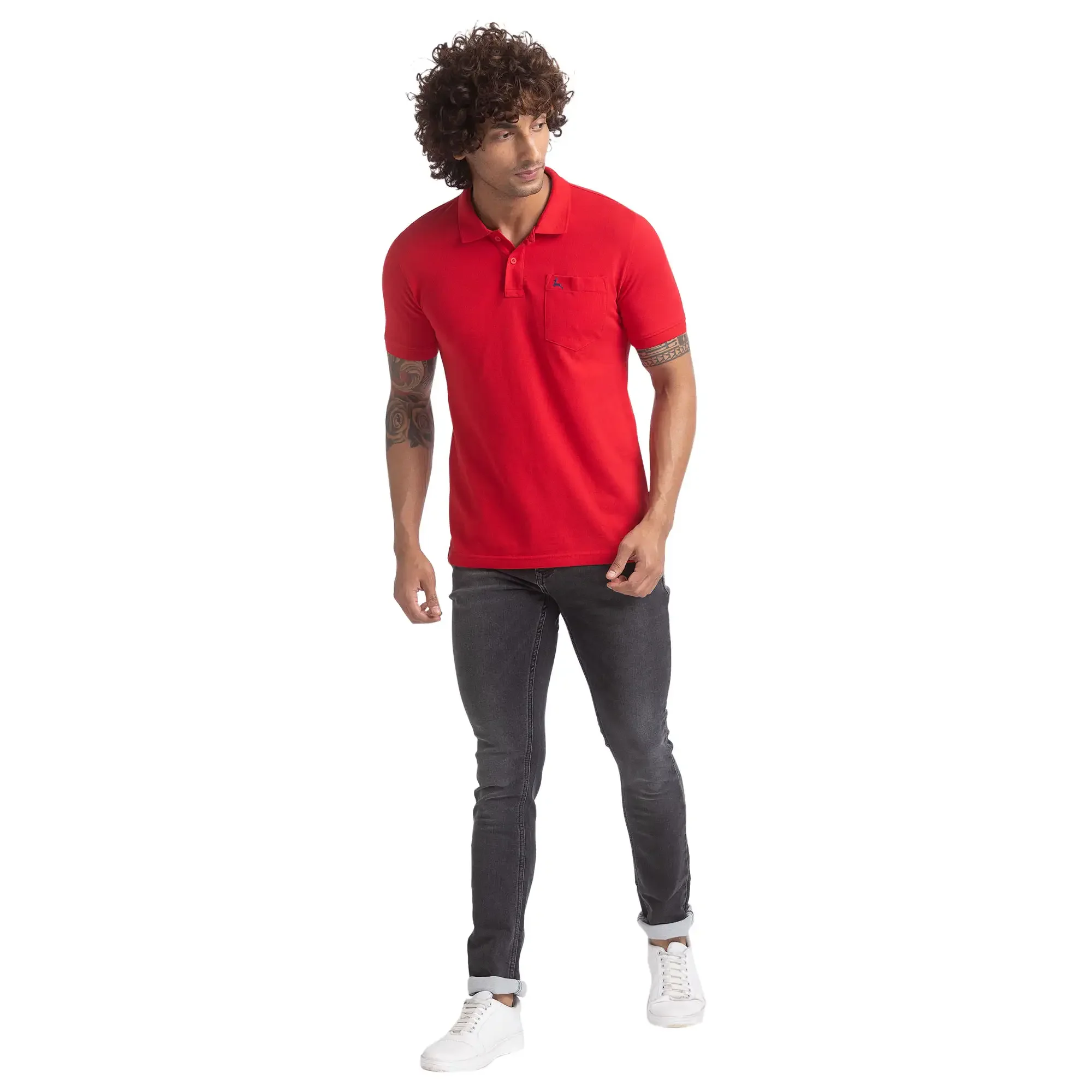 Men Red Regular Fit Solid Cotton Round Neck Collar Polo T-Shirt - Image 5