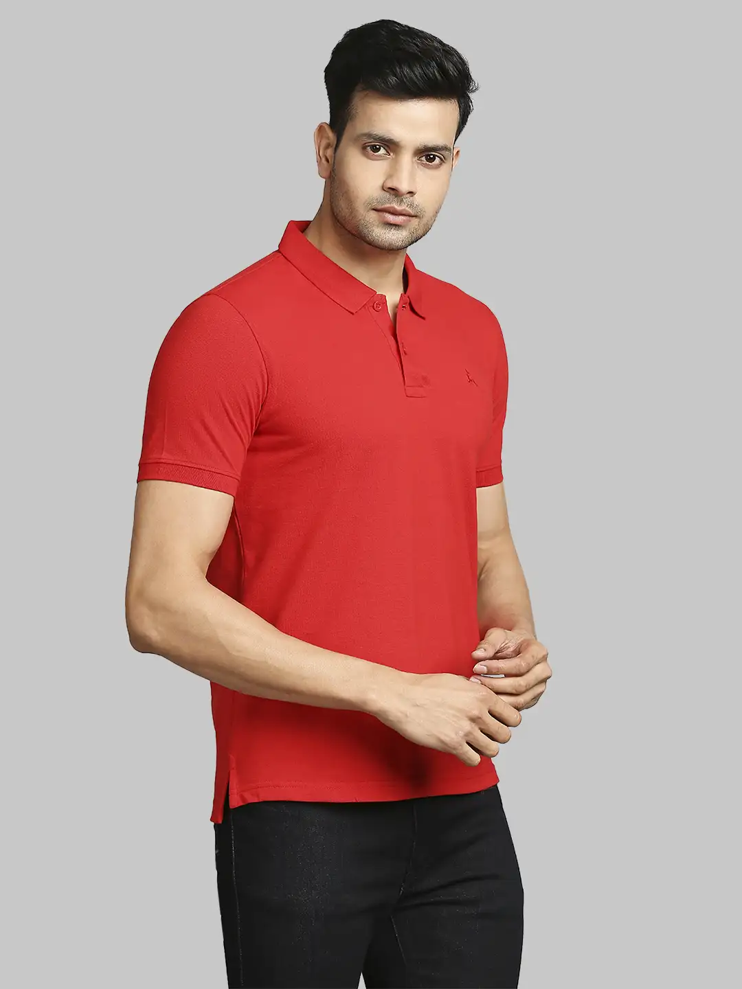 Men Red Regular Fit Solid Cotton Round Neck Collar Polo T-Shirt - Image 2