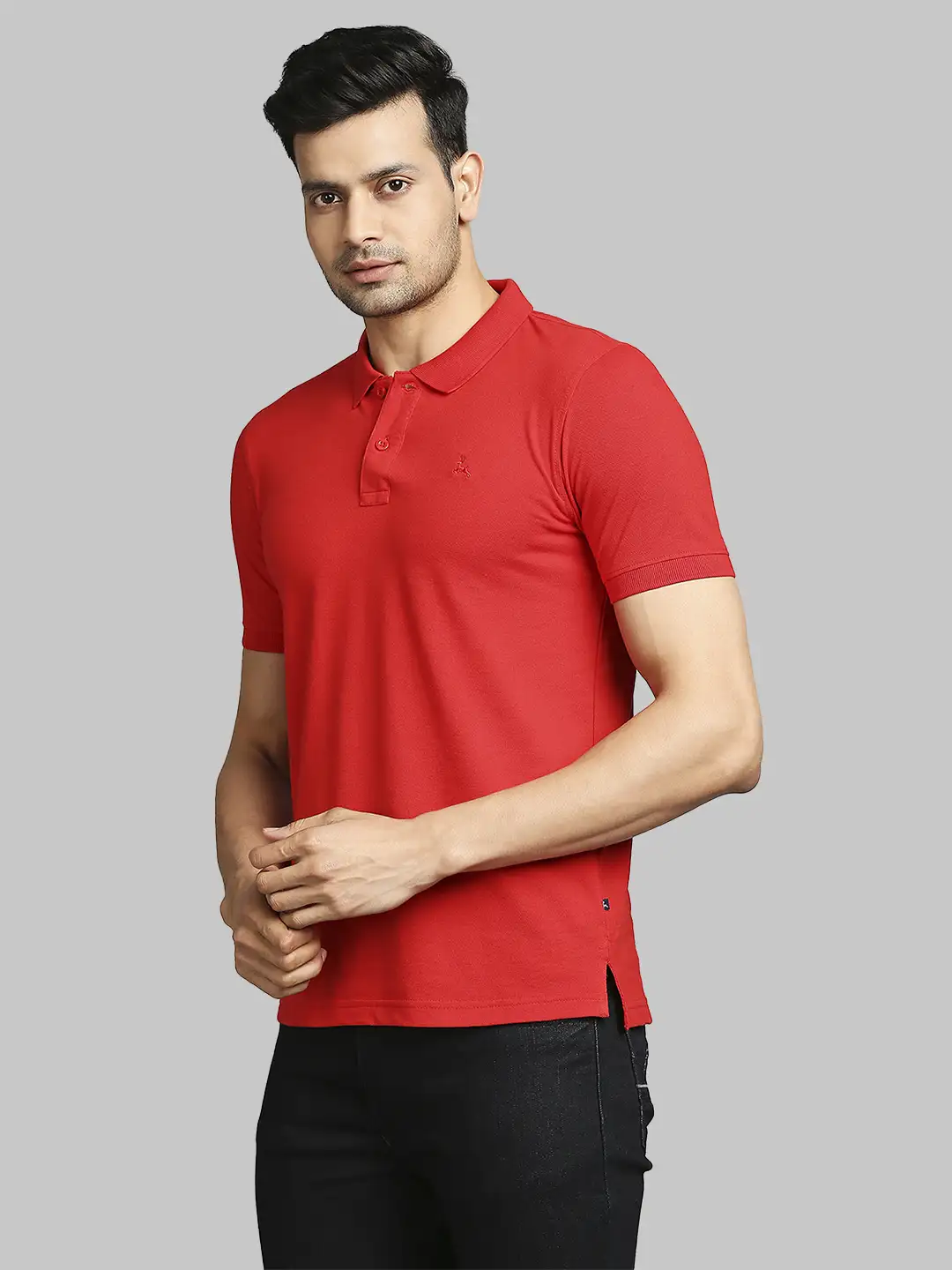 Men Red Regular Fit Solid Cotton Round Neck Collar Polo T-Shirt - Image 3