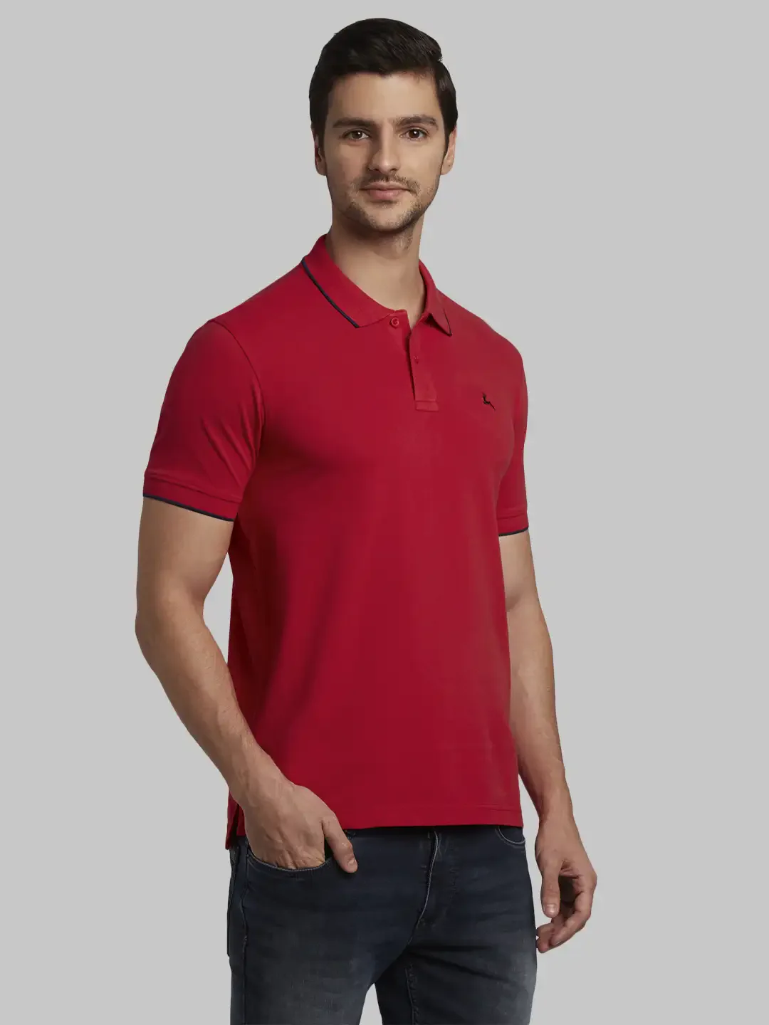 Men Red Regular Fit Solid Cotton Round Neck Collar Polo T-Shirt - Image 2