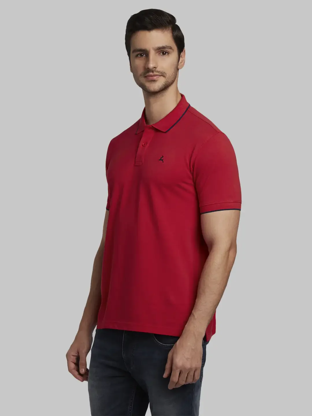 Men Red Regular Fit Solid Cotton Round Neck Collar Polo T-Shirt - Image 3